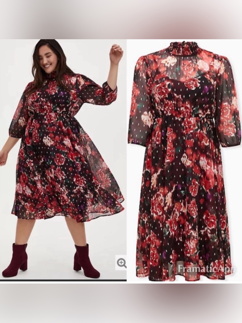 Torrid NEW Burgundy Clip Dot Floral Mock Neck Chiffon Dress Sz.XL Romantic Fairy